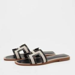مملوكة مسبقًا Hermes Black/Beige Leather and Canvas Oran Sandals Size 39