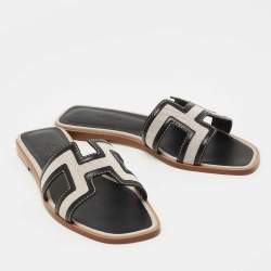 مملوكة مسبقًا Hermes Black/Beige Leather and Canvas Oran Sandals Size 39