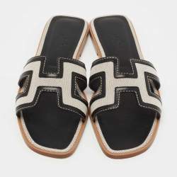 مملوكة مسبقًا Hermes Black/Beige Leather and Canvas Oran Sandals Size 39