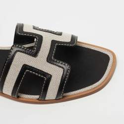 مملوكة مسبقًا Hermes Black/Beige Leather and Canvas Oran Sandals Size 39