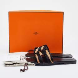 مملوكة مسبقًا Hermes Black/Beige Calf Hair Oran Flat Slides Size 36.5