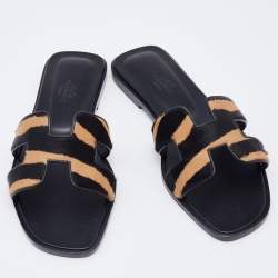 مملوكة مسبقًا Hermes Black/Beige Calf Hair Oran Flat Slides Size 36.5