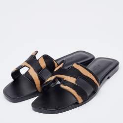 مملوكة مسبقًا Hermes Black/Beige Calf Hair Oran Flat Slides Size 36.5