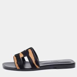 مملوكة مسبقًا Hermes Black/Beige Calf Hair Oran Flat Slides Size 36.5