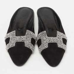 Hermes Black Suede Studded Roxane Mule Size 37