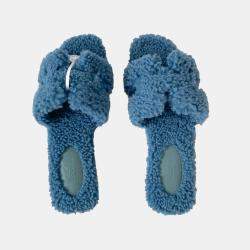 Pre Owned Hermes Blue Leather Oran Shearling Flats Size EU 37