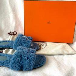Pre Owned Hermes Blue Leather Oran Shearling Flats Size EU 37