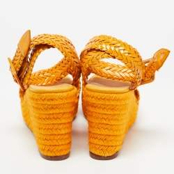 Hermes Light Orange Woven Patent Leather Sophia Espadrille Wedge Sandals Size 41
