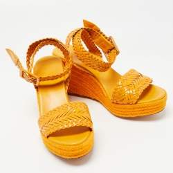 Hermes Light Orange Woven Patent Leather Sophia Espadrille Wedge Sandals Size 41