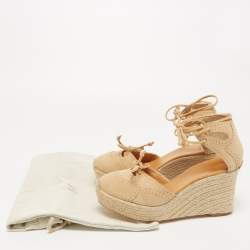 Hermes Beige Suede Espadrille Wedge Platform Ankle Tie Sandals Size 39