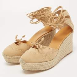 Hermes Beige Suede Espadrille Wedge Platform Ankle Tie Sandals Size 39
