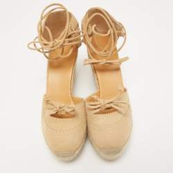 Hermes Beige Suede Espadrille Wedge Platform Ankle Tie Sandals Size 39
