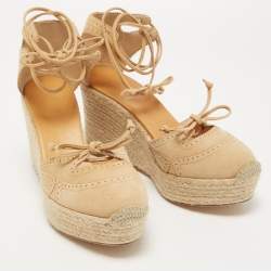 Hermes Beige Suede Espadrille Wedge Platform Ankle Tie Sandals Size 39