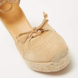 Hermes Beige Suede Espadrille Wedge Platform Ankle Tie Sandals Size 39