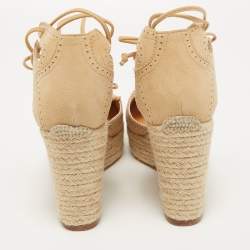 Hermes Beige Suede Espadrille Wedge Platform Ankle Tie Sandals Size 39