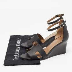 Pre Owned Hermes Black Leather Legend Wedge Ankle Strap Sandals Size 38