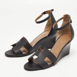 Pre Owned Hermes Black Leather Legend Wedge Ankle Strap Sandals Size 38