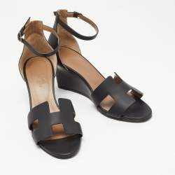 Pre Owned Hermes Black Leather Legend Wedge Ankle Strap Sandals Size 38