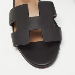 Pre Owned Hermes Black Leather Legend Wedge Ankle Strap Sandals Size 38