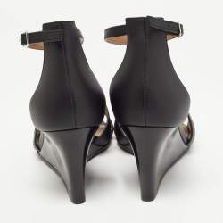 Pre Owned Hermes Black Leather Legend Wedge Ankle Strap Sandals Size 38
