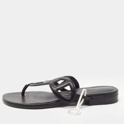 Hermes Black Leather Beach Flat Slides Size 37 