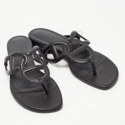 Hermes Black Leather Beach Flat Slides Size 37 