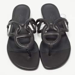 Hermes Black Leather Beach Flat Slides Size 37 
