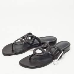Hermes Black Leather Beach Flat Slides Size 37 