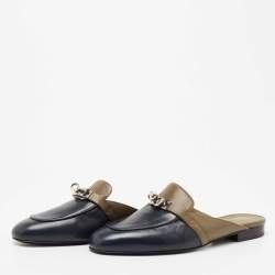 Pre Owned Hermes Navy Blue/Olive Green Leather Oz Flat Mules Size 37