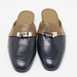 Pre Owned Hermes Navy Blue/Olive Green Leather Oz Flat Mules Size 37