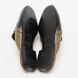 Pre Owned Hermes Navy Blue/Olive Green Leather Oz Flat Mules Size 37