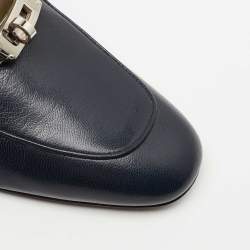 Pre Owned Hermes Navy Blue/Olive Green Leather Oz Flat Mules Size 37