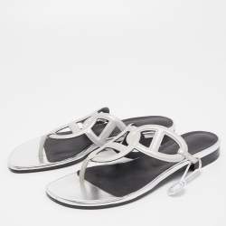 Hermes Metallic Grey Laminated Suede Beach Flat Slides Size 37