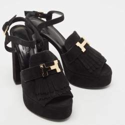 Hermes Black Suede Anjou Platform Sandals Size 37.5