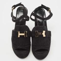 Hermes Black Suede Anjou Platform Sandals Size 37.5