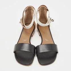 Pre Owned Hermes Black/White Leather Baia Sandals Size 38