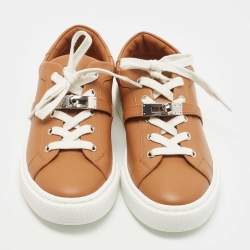 Pre Owned Hermes Brown Leather Day Lace Up Sneakers Size 37
