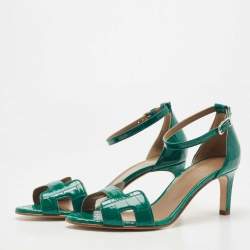 Pre Owned Hermes Green Croc Leather Premiere Ankle Strap Sandals Size 38