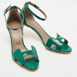 Pre Owned Hermes Green Croc Leather Premiere Ankle Strap Sandals Size 38