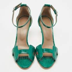 Pre Owned Hermes Green Croc Leather Premiere Ankle Strap Sandals Size 38