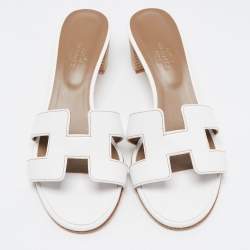 Pre Owned Hermes White Leather Oasis Slide Sandals Size 36.5