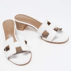 Pre Owned Hermes White Leather Oasis Slide Sandals Size 36.5