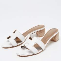 Pre Owned Hermes White Leather Oasis Slide Sandals Size 36.5