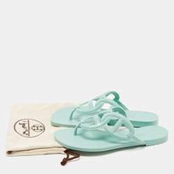 Pre Owned Hermes Green Rubber Egerie Thong Flats Size 38
