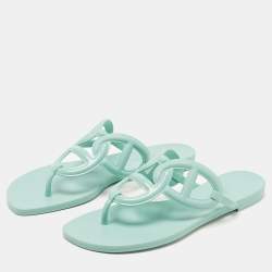 Pre Owned Hermes Green Rubber Egerie Thong Flats Size 38