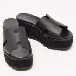 Hermes Black Leather Eze Platform Slide Sandals Size 38