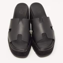 Hermes Black Leather Eze Platform Slide Sandals Size 38