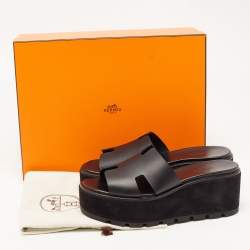 Hermes Black Leather Eze Platform Slide Sandals Size 38