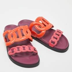 Pre Owned Hermes Orange/Pink Leather Extra Slide Flats Size 39