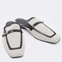 Pre Owned Hermes White/Black Canvas and Leather Groupie Mules Size 39